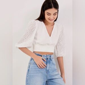Love Bonito Vienna Contrast Embroidered Puff Sleeve Top White Sz 2